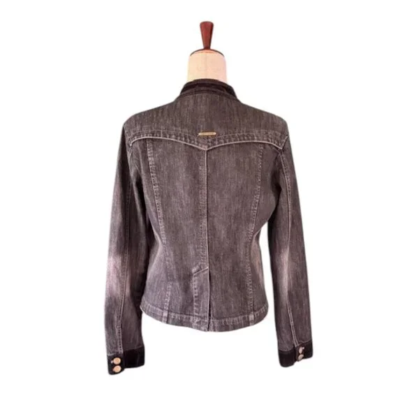 DKNY Jeans Women's Black Cropped Denim Military Style Jacket Stretch Faded L EUC - Picture 11 of 16